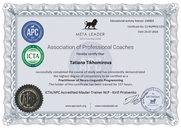 Сертификат Practitioner of NLP, ICTA, 2023